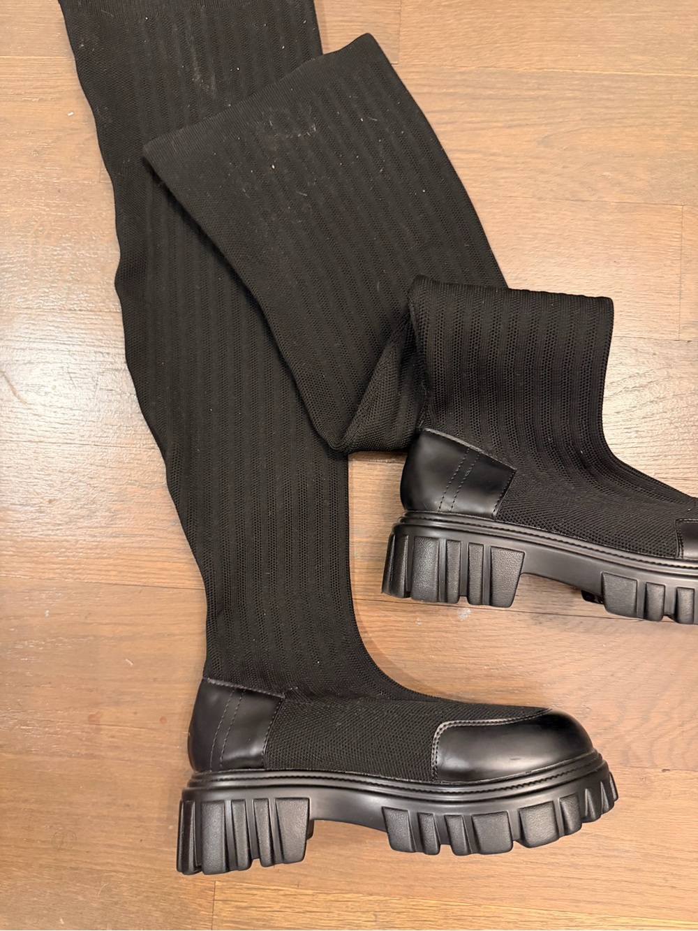 SHEIN Black Knit Chelsea Lug-Sole Over-the-Knee Boots